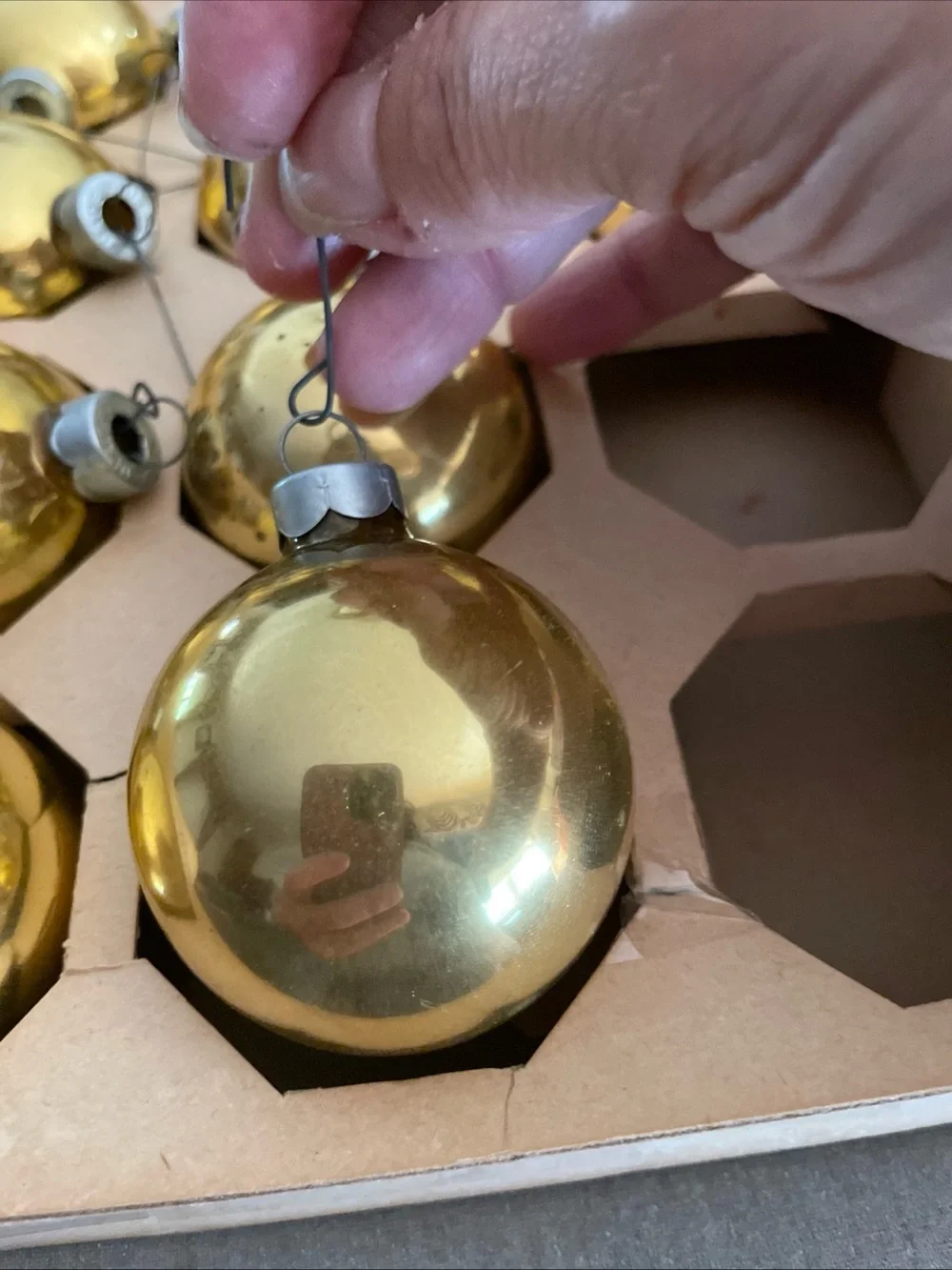 Lot of 10 Vintage Coby 2” Glass Gold Christmas Tree Ornaments In Original Box